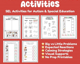 May include: A collection of educational worksheets titled Size Of The Problem Activities, featuring black and white illustrations for social emotional learning. The pages include sorting tasks, coloring exercises, and matching activities for students.