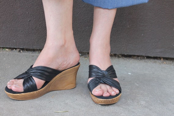 Vintage 1980's Black Leather Mules