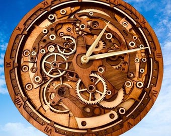 May include: A wooden clock with a complex gear mechanism design. The clock features Roman numerals around the outer edge and gold-colored hands. The clock's intricate design includes various gears and wooden components, creating a unique decorative piece.