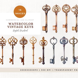 Pode incluir: Ilustração em aquarela de dezesseis chaves vintage em vários designs e cores, incluindo ouro, bronze e prata. A imagem inclui texto que diz "16 Images", "Watercolor Vintage Keys" e "Digital Download".