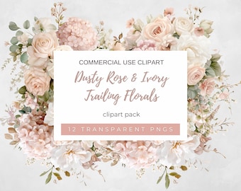 Puede incluir: Un paquete de imágenes prediseñadas digitales con un arreglo floral con flores rosas empolvadas y marfil. El diseño incluye rosas, hortensias y otras flores con follaje verde. El texto de la imagen dice "Dusty Rose & Ivory Trailing Florals".