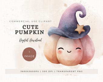 Imágenes prediseñadas de sombrero de bruja con calabaza / Arte digital de Halloween estilo Kawaii en tonos pastel