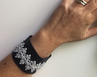 Black leather wrap wrist cuffs metallic trimming lace brace, trending item gift for her christmas 2018