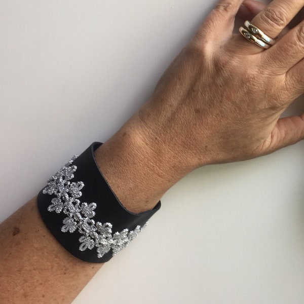 Black leather wrap wrist cuffs metallic trimming lace brace, trending item gift for her christmas 2018