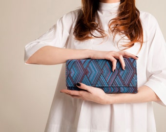 Minimalist clutch blue jeans casual evening purse geometric pattern, leather crossbody strap