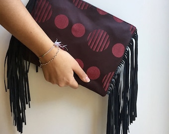 polka dot handbag, black leather fringe purse red Clutch gift for her