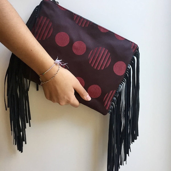 borsa pois rosso e nero, pochette frange pelle,  borsetta idea regalo per lei