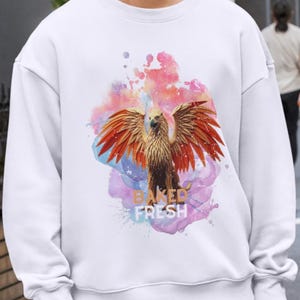 Baked Fresh – Fiery Phoenix Graphic met Retro Splash Esthetic | Digitale download