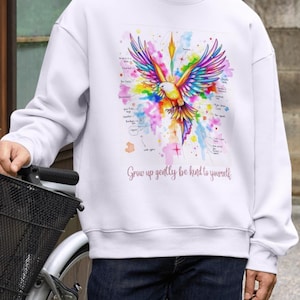 Kleurrijke feniks met citaat 'Groei zacht op, wees lief voor jezelf' – Mental Health Digital Art for Apparel & Merch