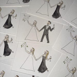 Puede incluir: Una colecci&oacute;n de ilustraciones en acuarela sobre papel blanco que muestran diversas escenas de boda. Los dibujos representan figuras con vestidos de novia, vestidos de noche negros y esm&oacute;quines, sosteniendo ramos y copas de champ&aacute;n.