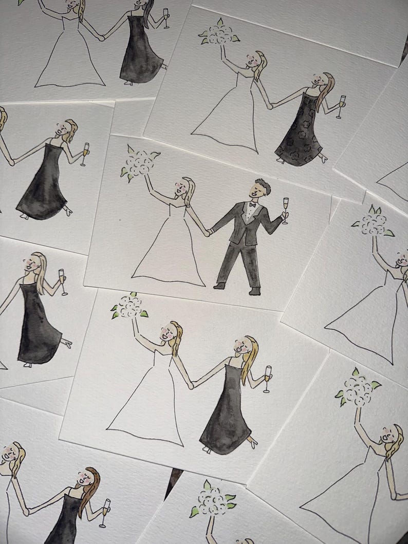 Puede incluir: Una colecci&oacute;n de ilustraciones en acuarela sobre papel blanco que muestran diversas escenas de boda. Los dibujos representan figuras con vestidos de novia, vestidos de noche negros y esm&oacute;quines, sosteniendo ramos y copas de champ&aacute;n.