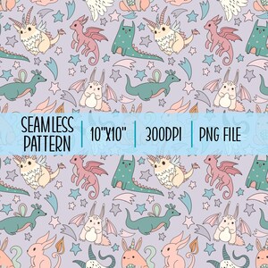Può includere: Motivo senza cuciture con draghi, unicorni e conigli alati dai colori pastello. Il design include stelle ed elementi decorativi su sfondo lavanda. Il testo sull'immagine recita "SEAMLESS PATTERN | 25.4cmX25.4cm | 300DPI | PNG FILE".