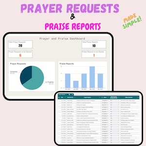 May include: A computer screen displaying a prayer and praise dashboard with charts and a table. The dashboard shows the total number of prayer requests and praise reports, as well as the number of requests and reports that have been shared. The table lists prayer requests and praise reports, along with their status, whether they have been shared during Sunday service, and follow-up actions.