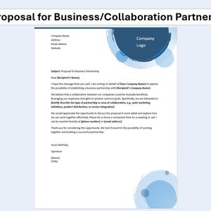 May include: A business proposal template with the title "Proposal for Business/Collaboration Partnership" at the top. The document includes sections for company information, subject, and a detailed proposal text. A blue circular design is in the upper right corner.