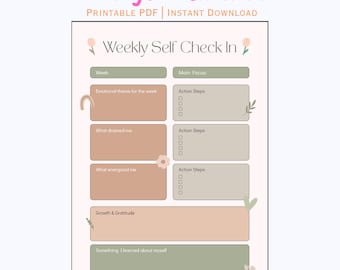 Wöchentlicher Self Check-In | Reflektion Journal Seite | Arbeitsblatt für emotionales Bewusstsein und persönliches Wachstum | Druckbares PDF