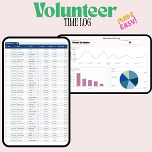 May include: A digital graphic with the words "Volunteer Time Log" in green and black. The image displays two digital screens with volunteer data, including time logs, charts, and graphs. The phrase "Made Easy!" is in yellow.