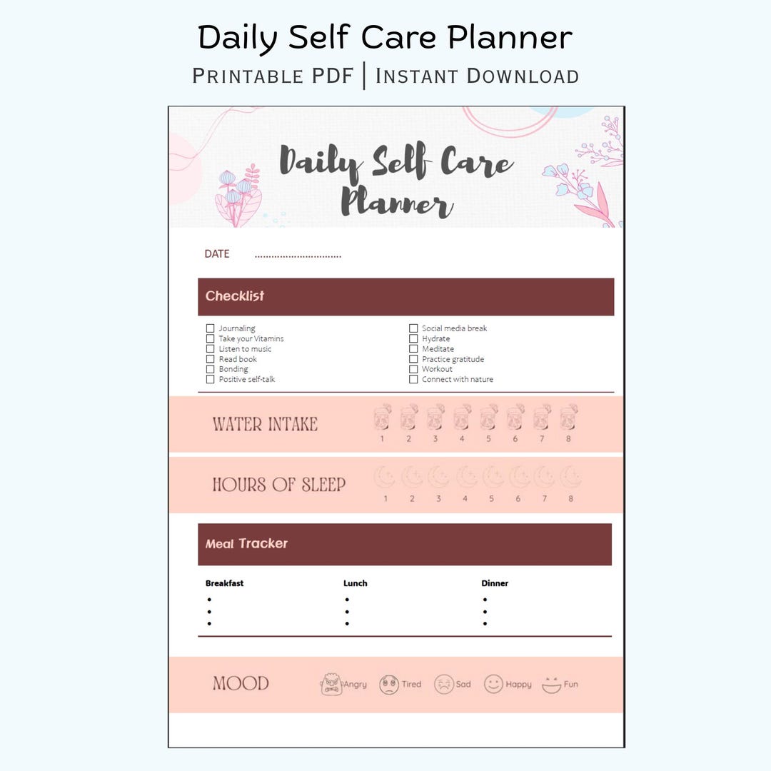 Daily Self Care Planner | Wellness Checklist, Mood & Habit Tracker ...