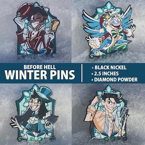 May include: Four enamel pins featuring cartoon characters in winter attire. The pins are set against a snowy background. The text "BEFORE HELL WINTER PINS" is displayed. Each pin is approximately 6.35 cm.