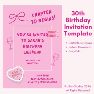 Pode incluir: Modelo de convite de aniversário rosa para 30 anos com texto "Capítulo 30 começa!" e "Você está convidado(a) para o fim de semana de aniversário de Sarah." Inclui taças de vinho, um bolo em forma de coração e um laço.