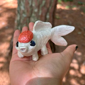 Button the Red Cap Goldfish with Legs | Polymer Clay Figurine | Desk Friend, Fantasy Creature Sculpture, Handmade Art