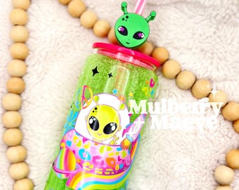 Alien Tumbler Gift Cute Cup Quirky Unique UFO Drink Ware Collectible Reusable Green Sci Fi Novelty Outer Space Wrap Slush Beverage Container