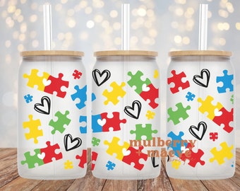 DTF UV Cup Wraps | Transfers | Libbey 16 oz Glass Cans |  Puzzle Pieces | Autism Awareness