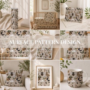 Puede incluir: Un diseño de patrón de superficie con un motivo repetitivo de abejas, mariposas, setas, flores, lunas crecientes y nubes sobre un fondo beige claro. El patrón se muestra en varios artículos, incluyendo un vaso, una manta, una tarjeta y una taza.