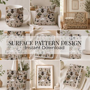 Diseño digital de abejas sin costuras para decoración de guardería, descarga digital, ropa en blanco, diseño de superficie sin costuras de otoño, estampado de insectos, archivo de tela de otoño, abeja, seta.