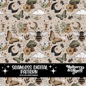 May include: A seamless digital pattern featuring a whimsical design with mushrooms, butterflies, bees, moons, clouds, and flowers in shades of brown, green, and white on a beige background. The text "Seamless Digital Pattern" and "Mulberry & Maeve" is included in the design.