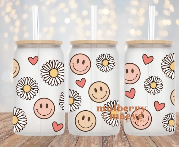 DTF UV Cup Wraps Transfers Libbey 16 Oz Glass Cans Happy Daisies Smiley  Faces Hearts 
