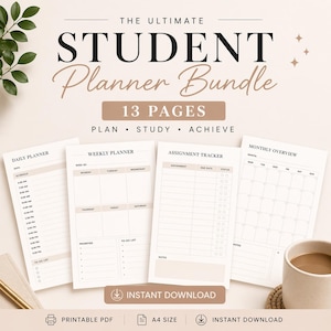 Könnte beinhalten: Ein Student Planner Bundle mit 13 Seiten, darunter ein Tagesplaner, Wochenplaner, Aufgaben-Tracker und Monatsübersicht. Der Text enthält "The Ultimate Student Planner Bundle" und "Instant Download". Die Seiten sind weiß mit beigem Rand.