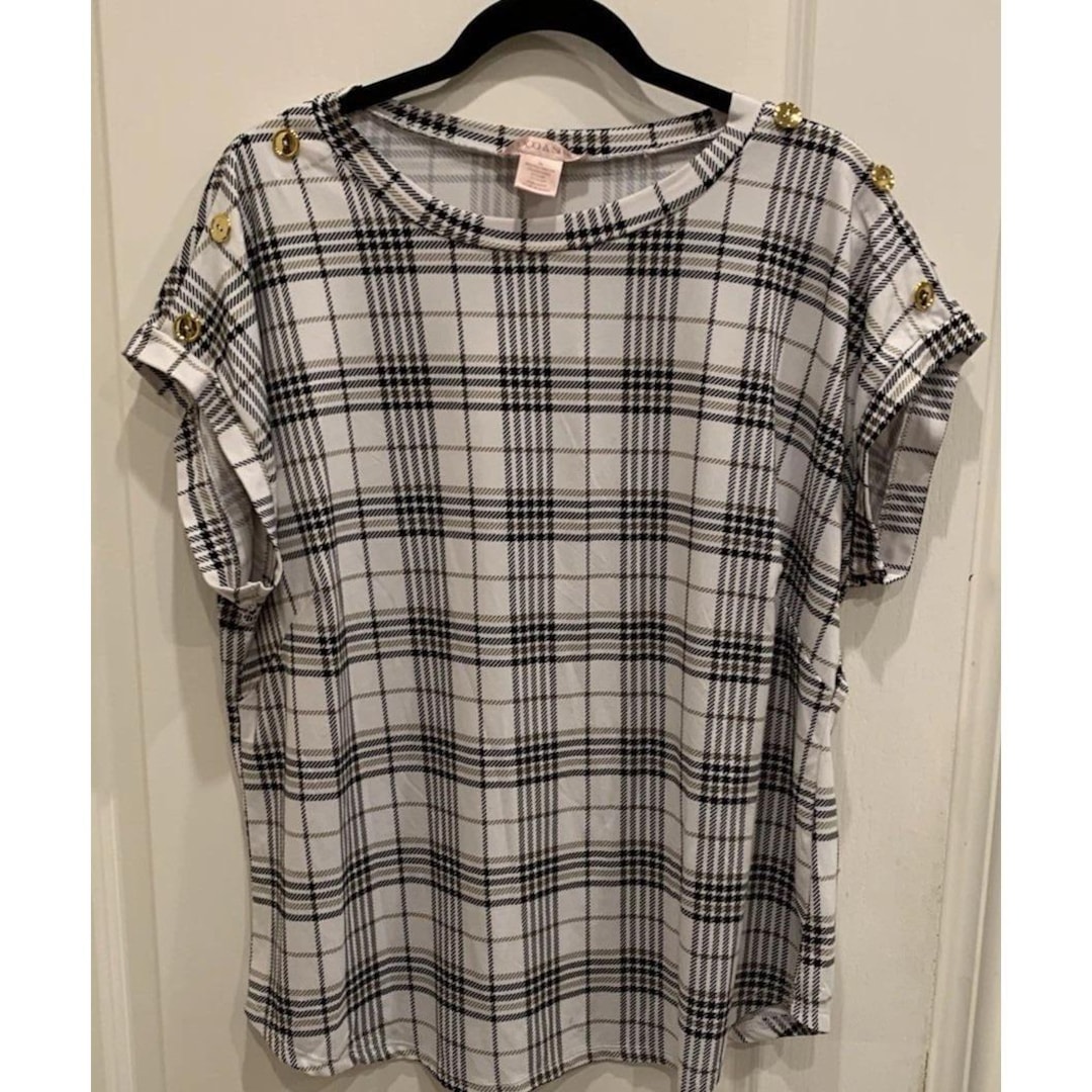 Coco & Shay Striped Short Sleeve Top Checkered Brown Cream Gold