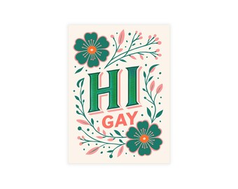 Carte postale Salut Gay à motif floral | Carte de voeux LGBTQ+ drôle | Papeterie Affirmation Queer | Carte Fierté Cottagecore | Cadeau gay