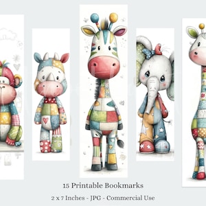 May include: Five colourful printable bookmarks featuring adorable patchwork animal designs: a monkey, rhino, zebra, elephant, and giraffe. Each bookmark is 5 x 18 cm. The text "15 Printable Bookmarks" is displayed.