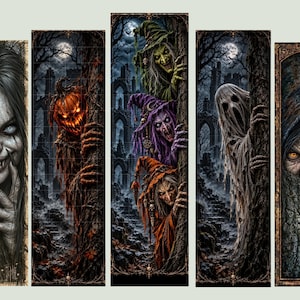 May include: A five-panel wall art set featuring dark fantasy characters including a pale vampire, a glowing jack-o'-lantern, three layered witches in green, purple, and orange, a white ghost, and a hooded figure with mismatched eyes.