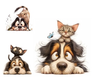 Watercolor Quirky Cats and Dogs Clipart, Scrapbooking (Digital Download)