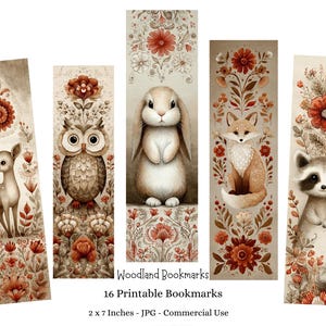 Può includere: Set di cinque segnalibri stampabili con animali del bosco e motivi floreali. Ogni segnalibro misura 5 x 18 cm. I segnalibri includono un cervo, un gufo, un coniglio, una volpe e un procione, con un'estetica vintage.