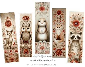 Woodland Animals Bookmarks, Kids Craft, Folk Art 20 JPG Printable Bookmarks Digital Download