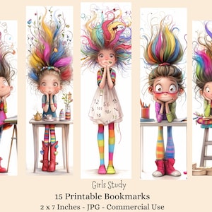 May include: Set of five whimsical printable bookmarks featuring cartoon girls with colorful hair. Each girl is depicted in a unique pose, with vibrant striped leggings and various accessories. The bookmarks are 2 x 7 inches.