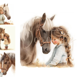 Clipart de niña y caballo en acuarela, 14 archivos JPG de alta calidad y alta resolución, descarga digital, efímeras, scrapbooking, tarjetas, diario basura, clipart de caballos