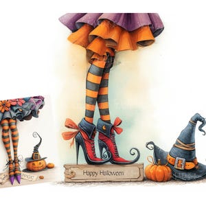 Puede incluir: Ilustración caprichosa de Halloween con piernas de bruja con medias a rayas y botas de tacón alto. Un sombrero de bruja, calabazas y el texto "Happy Halloween" también están presentes. La imagen tiene un estilo de dibujos animados con colores vibrantes.