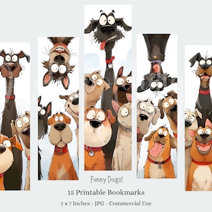 Op de afbeelding: Een verzameling van 15 bedrukte boekenleggers met cartoonhonden met verschillende uitdrukkingen. De boekenleggers zijn 5 x 18 cm en bevatten de tekst "Funny Dogs!" en "15 Printable Bookmarks". De illustraties tonen honden in verschillende kleuren.