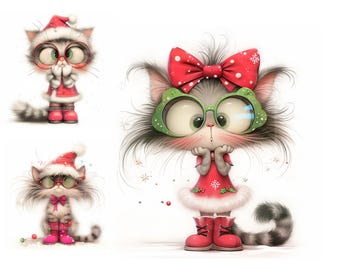 Christmas Cats Watercolor Clipart, High-Res JPGs (Digital Download)