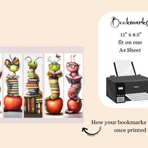 Speelse boekenwurmen - Printbare bladwijzers (10 JPG-bestanden) - Knutselideeën voor kinderen (digitale download) afbeelding 6