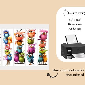 May include: A set of colorful owl-themed bookmarks. Each bookmark features a stack of whimsical owls in various colors. The image also includes a printer and text that reads "Bookmarks 11" x 8.5" fit on one A4 Sheet".