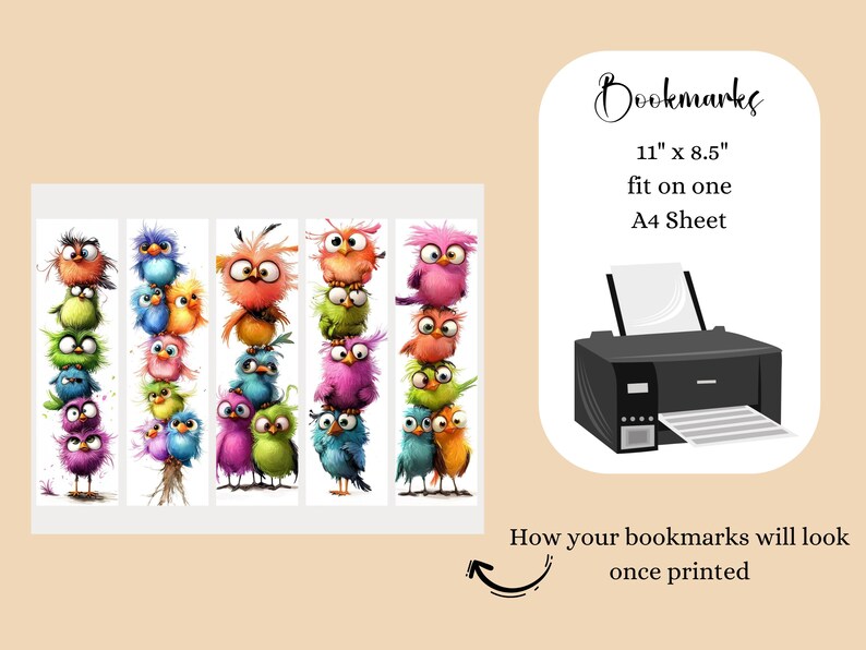 May include: A set of colorful owl-themed bookmarks. Each bookmark features a stack of whimsical owls in various colors. The image also includes a printer and text that reads "Bookmarks 11" x 8.5" fit on one A4 Sheet".