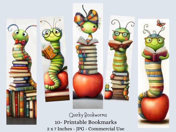 Whimsical Bookworms Printable Bookmarks 10 JPG Bookmarks - Kids Craft  Fussy Cuts Digital Download