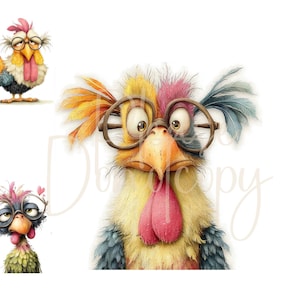 Quirky Chickens  Clip Art 14 High Res Watercolor JPGs Junk Journaling, Scrapbooking, Card Making, Digital Download, Quirky Chicken Whimsical