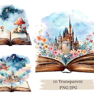 Magic Book Clipart, Fairy Tale clipart, Printable Watercolor clipart, High Quality 10 PNG/JPGs, Digital download, Paper craft, junk journals