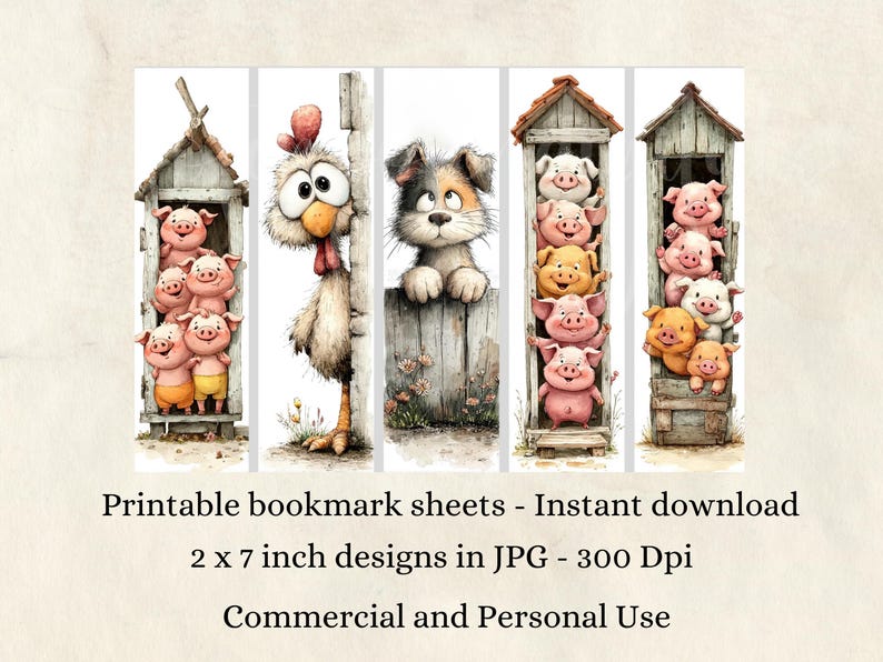 Funny Farm Animals Printable Bookmarks Digital Download - 20 JPG ...
